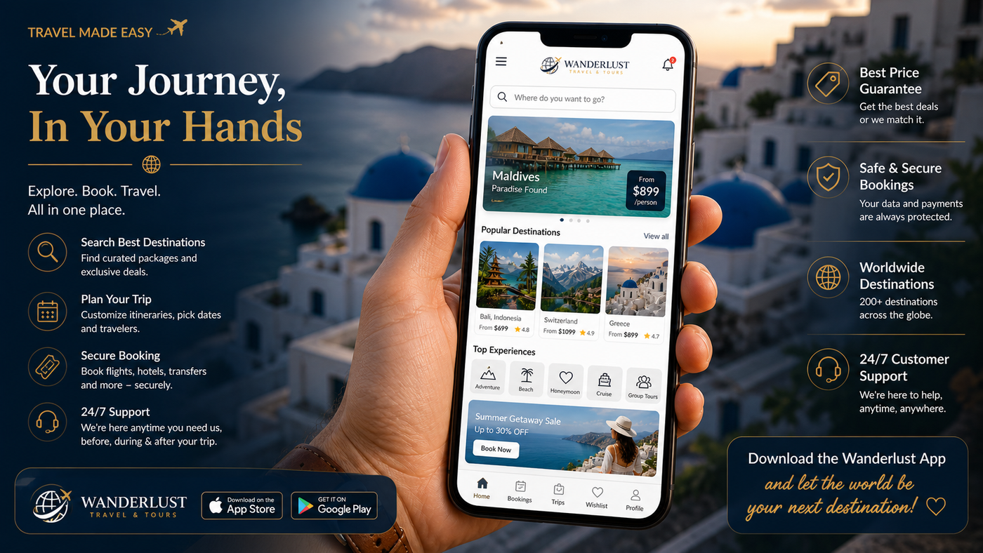 Wanderlust Travel & Tours mobile app screenshot — phone showing Maldives Paradise from $899 hero, search 'Where do you want to go?', popular destinations grid (Bali / Switzerland / Greece), top experiences row, App Store + Google Play download badges, Santorini-style white-and-blue village backdrop