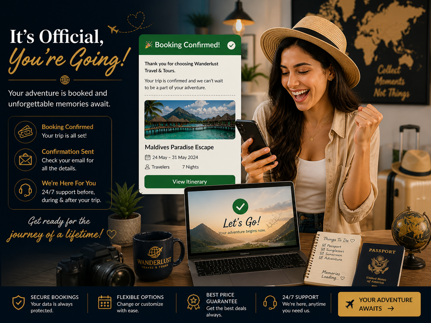 Wanderlust Travel & Tours CTA panel — happy young woman in straw hat looking at phone with 'Booking Confirmed!' for Maldives Paradise Escape (24-31 May, 2 travellers, 7 nights, View Itinerary), laptop showing 'Let's Go! Your adventure begins now.', Wanderlust mug, camera, passport, things-to-do checklist on desk