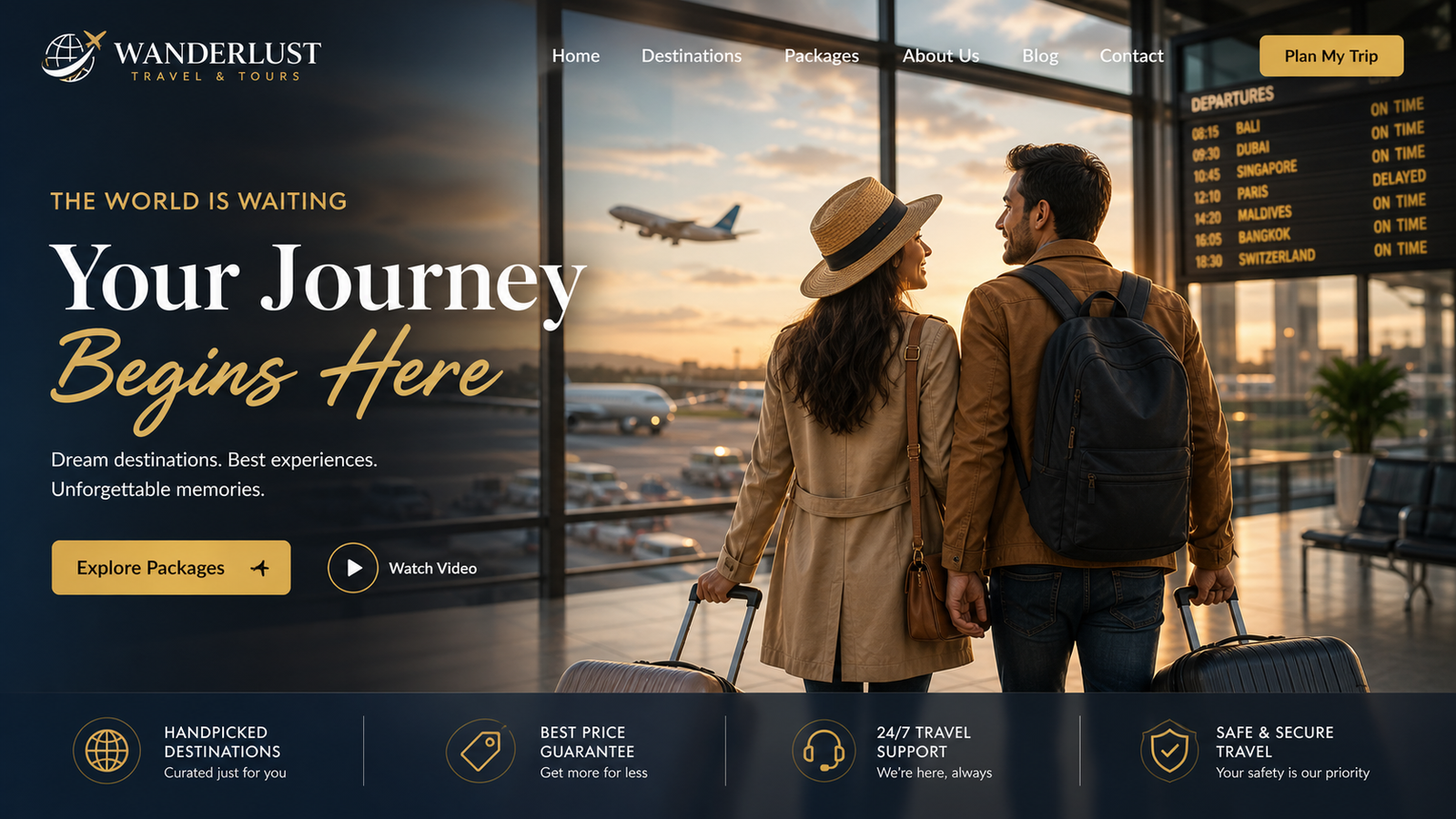 Wanderlust Travel & Tours — couple at airport boarding gate watching planes through floor-to-ceiling glass at sunset, departures-board overlay showing Bali / Dubai / Singapore / Maldives / Paris / Switzerland on time
