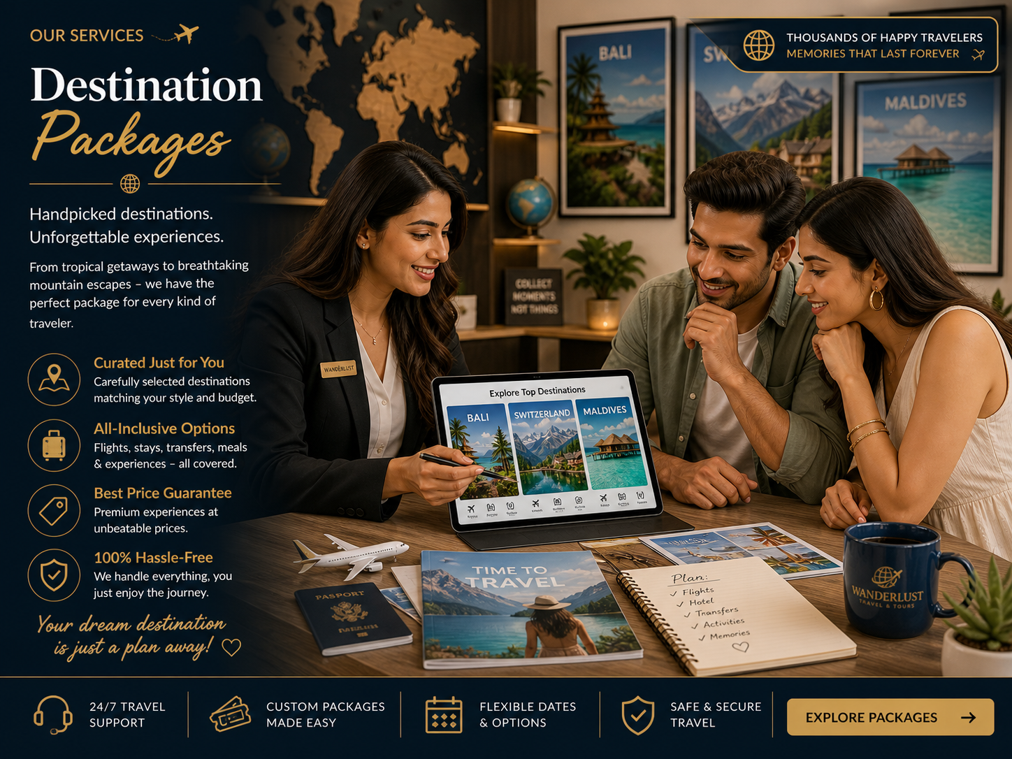 Wanderlust Travel & Tours service panel — two consultants showing 'Explore Top Destinations' tablet app to a couple, framed Bali / Maldives / Switzerland posters on wall, brochures on desk, world map backdrop, Time to Travel notebook, Wanderlust mug