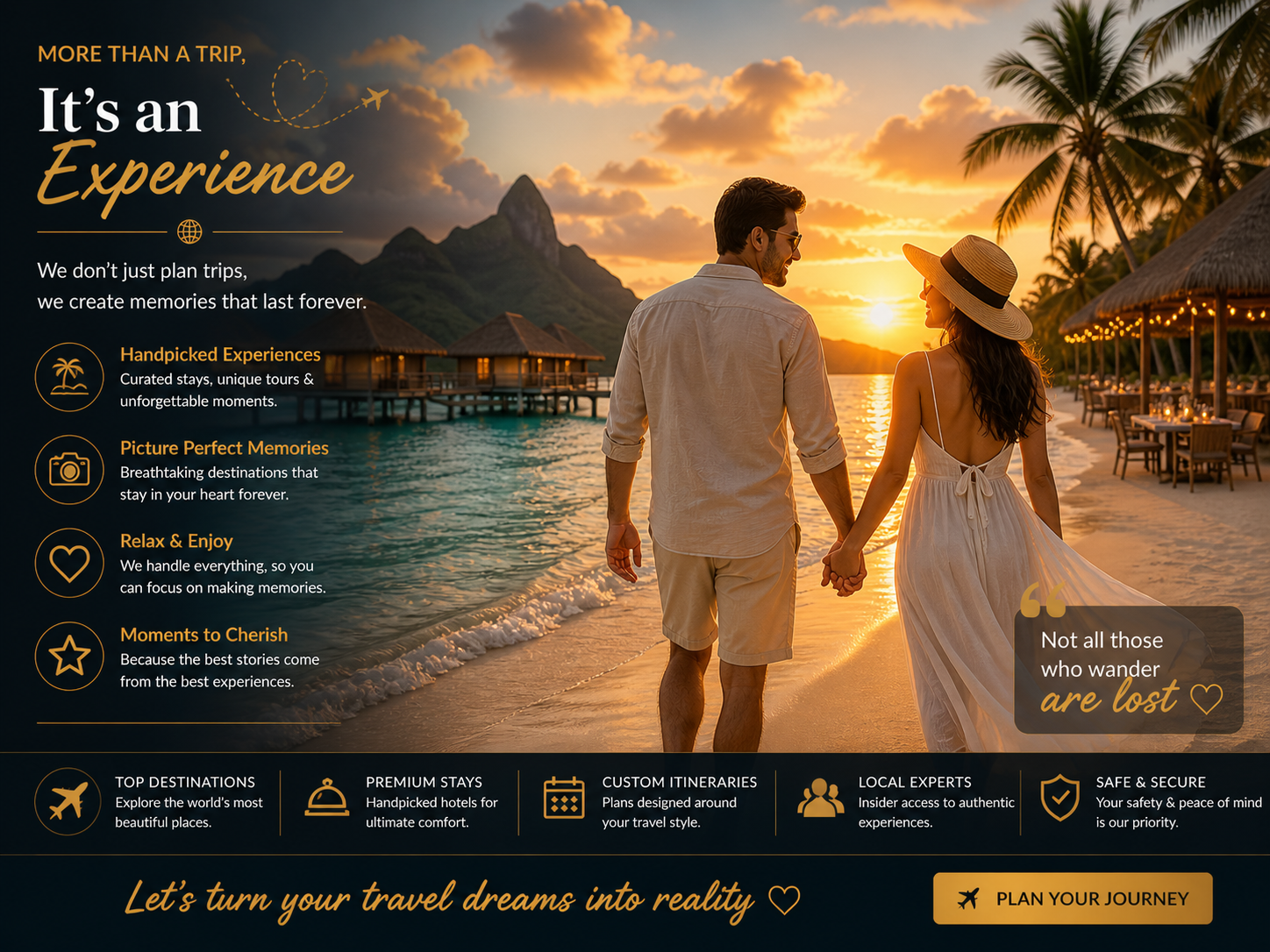 Wanderlust Travel & Tours experience panel — couple at sunset on Bora Bora-style overwater bungalow beach walking hand in hand, dramatic mountain silhouette, palm trees, candle-lit dinner table set in foreground