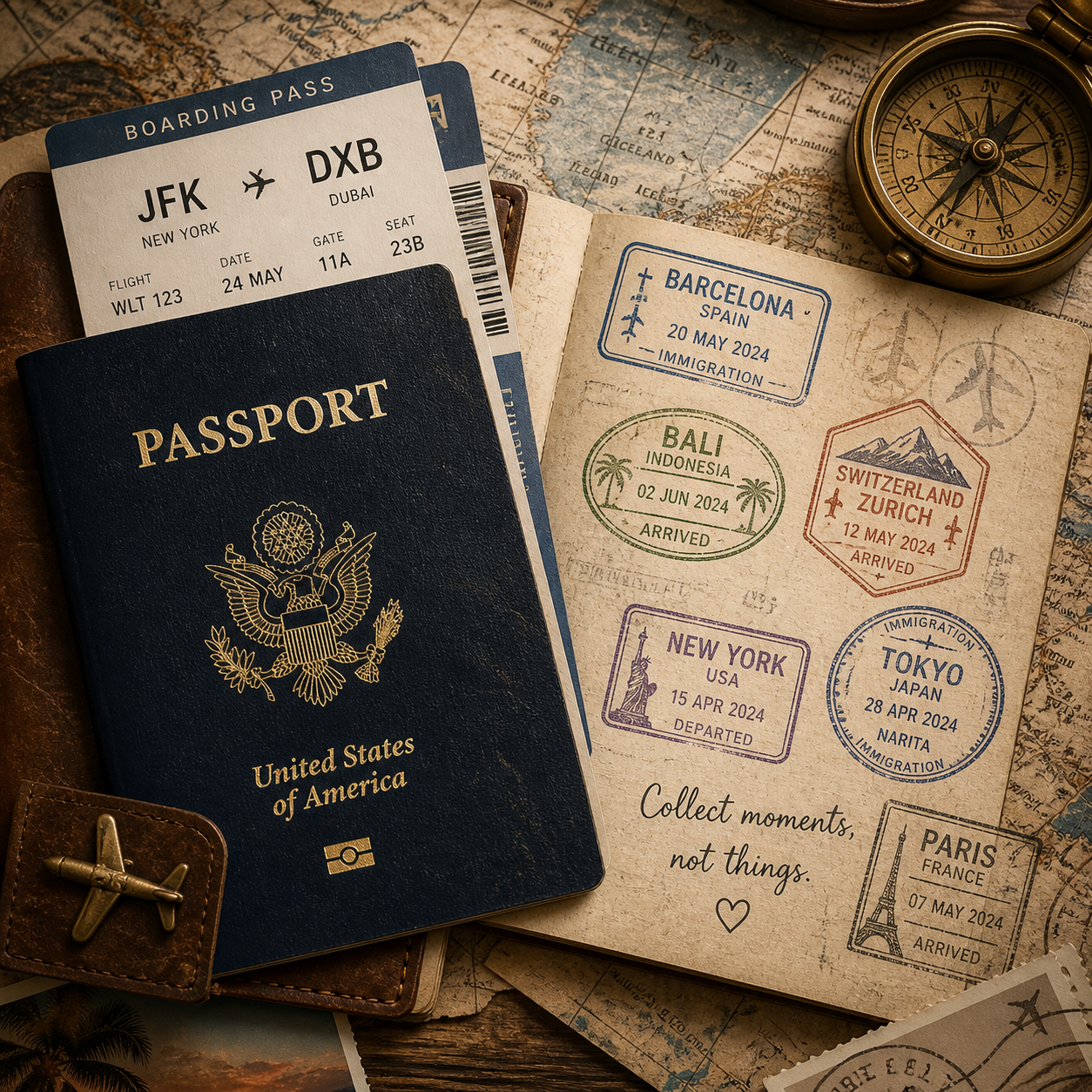 Vintage travel still-life — navy passport with gold embossed eagle, JFK to DXB Dubai boarding pass, open passport-stamp page with arrival/departure stamps from Barcelona / Bali / Switzerland Zurich / New York / Tokyo / Paris, brass compass, vintage map, leather luggage tag with brass plane charm